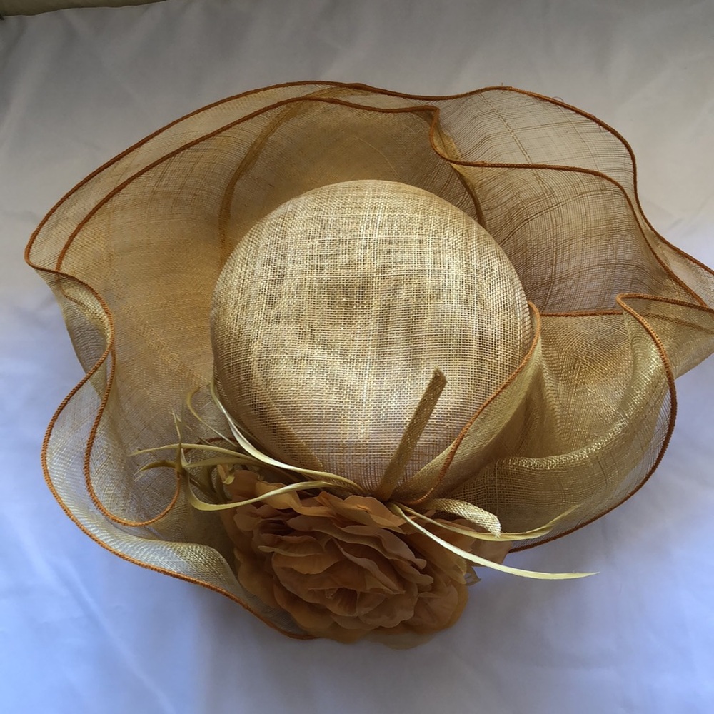 Something Special Sinamay gold Straw Wide Brimmed Fancy Summer Hat Large flower - Picture 9 of 12